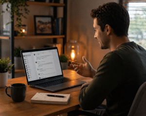Person using a laptop to engage in an online community discussion.