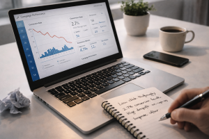 Laptop showing campaign analytics and notes for improving marketing performance
