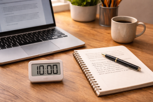 Simple 10-minute daily writing routine setup for beginner copywriting practice
