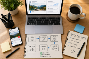  Organized desk showing a simple workflow for creating Facebook posts that convert.
