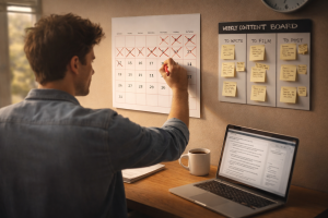 Content creator tracking a 30-day niche test plan on a calendar.

