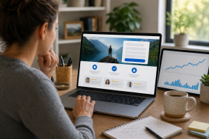 Marketer reviewing a cleaner landing page design with trust elements and signs of improved performance.
