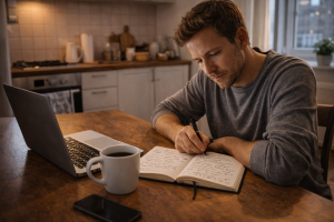 5040426 Creator writing story-based content in a relaxed home setting