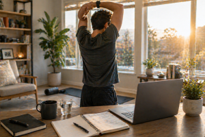 Entrepreneur stretching near a window with water, yoga mat, and laptop as part of a healthy morning routine before work.

