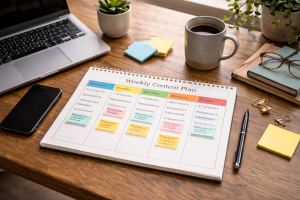 5050426 Weekly content planning setup with laptop, sticky notes, and phone on a desk