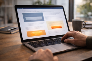 5110426 Laptop displaying a long blog post with multiple well-placed call-to-action sections