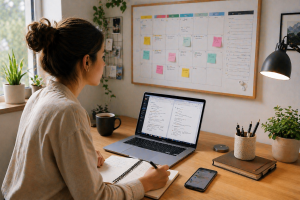 5140426 Content creator planning a consistent posting schedule with a content calendar
