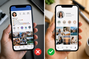 5160426 Comparison of a cluttered social media profile and a clean easy-to-understand profile.