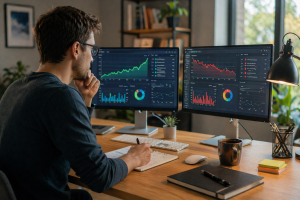 Digital marketer reviewing ad analytics to improve campaign performance.
