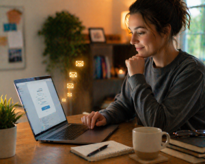 Beginner marketer using email follow-up tools on a laptop in a tidy workspace.
