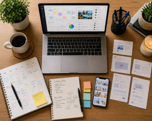Weekly content workflow with scheduling tools and social media planning