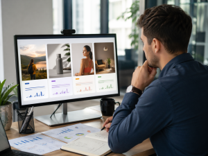 Marketer comparing multiple ad variations to test which performs best.
