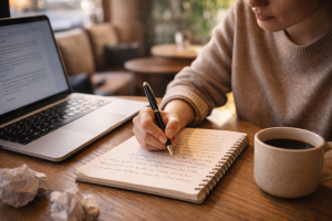 Beginner writer drafting a short personal story to build copywriting confidence
