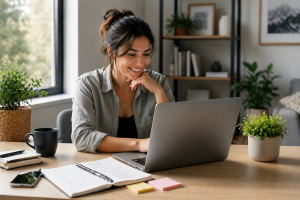 6140426 Content creator smiling after improving a blog post in a clean workspace