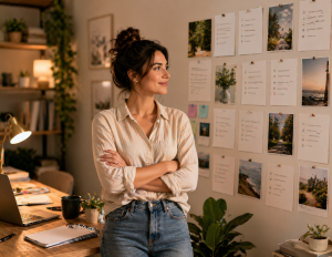 Content creator feeling confident with an organized evergreen content plan
