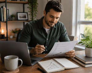 Beginner affiliate marketer feeling encouraged while reviewing a simple growth plan.