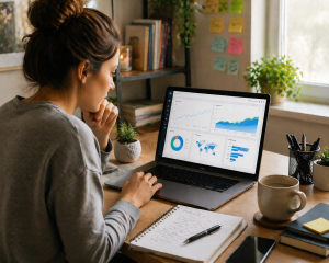 Beginner reviewing website analytics and traffic performance on a laptop

