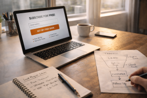 Email list building setup with laptop, notes, and simple funnel sketch