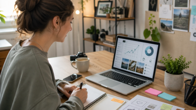 Beginner content creator planning social media content ideas on a laptop in a bright home office.