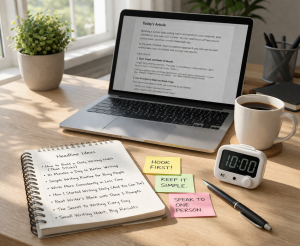 Beginner copywriter workspace with laptop, notebook, coffee, and a 10-minute timer