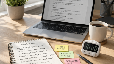 Beginner copywriter workspace with laptop, notebook, coffee, and a 10-minute timer