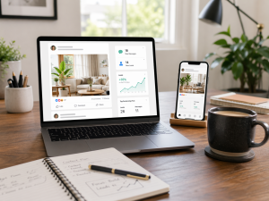 Laptop and smartphone showing conversion-focused social media content in a clean modern workspace.