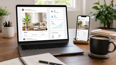 Laptop and smartphone showing conversion-focused social media content in a clean modern workspace.