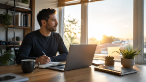Entrepreneur starting the day in a bright home office with laptop, notebook, and coffee during an early morning work session.