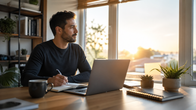Entrepreneur starting the day in a bright home office with laptop, notebook, and coffee during an early morning work session.