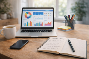 ahead050426 Laptop, phone, and notebook on a bright desk with social media content ideas in a cozy home office