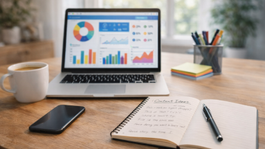 Laptop, phone, and notebook on a bright desk with social media content ideas in a cozy home office