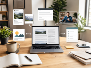 A laptop with one main blog post displayed, surrounded by social posts, email, video, and checklist mockups in a tidy home office.