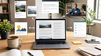 A laptop with one main blog post displayed, surrounded by social posts, email, video, and checklist mockups in a tidy home office.