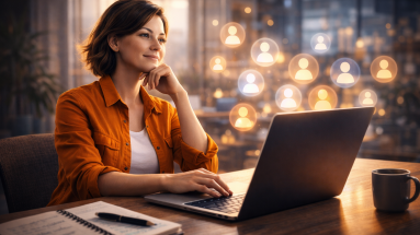 Beginner content creator building trust with an online audience from a laptop.