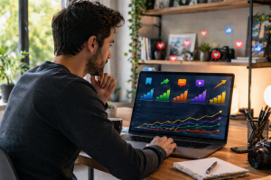 Content creator reviewing social media metrics that matter on a laptop in a bright home office
