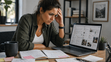Beginner content creator reviewing messy content drafts at a desk