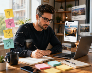 ahead150426 Content creator using social media hook templates to write scroll-stopping posts