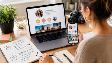 Person reviewing and improving a social media bio on a laptop and phone at a clean modern desk.