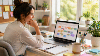 Beginner content creator using a content calendar in a bright home office