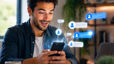 Person smiling at their phone as direct message replies begin to come in.