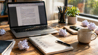 Clean workspace with laptop, notebook checklist, and crumpled drafts showing the process of improving content clarity.