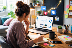 Beginner marketer working at a laptop in a bright home office with notes, charts, and content planning tools.