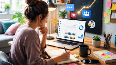 Beginner marketer working at a laptop in a bright home office with notes, charts, and content planning tools.