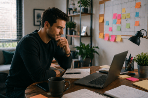 Beginner affiliate marketer working in a home office during the first 90 days of building an online business