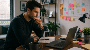 Beginner affiliate marketer working in a home office during the first 90 days of building an online business