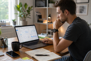 Beginner marketer reviewing Facebook ads on a laptop in a home office
