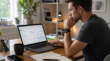 Beginner marketer reviewing Facebook ads on a laptop in a home office