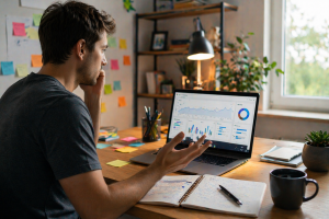 Beginner marketer reviewing an online ad campaign dashboard in a home office.