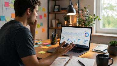 Beginner marketer reviewing an online ad campaign dashboard in a home office.