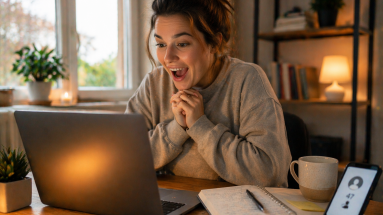 Beginner affiliate marketer seeing a first sale on a laptop in a cozy home office.